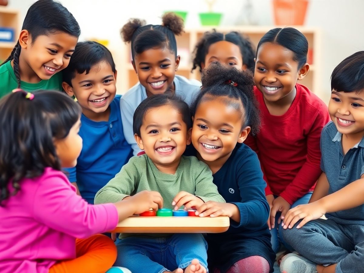 Copii jucându-se și interacționând fericit.