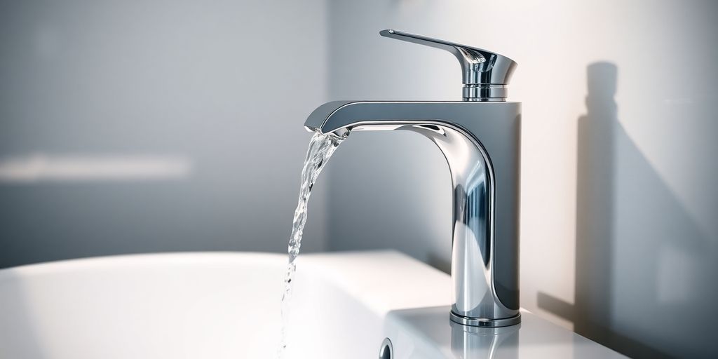 Sleek BathroomLux tap with water flowing.