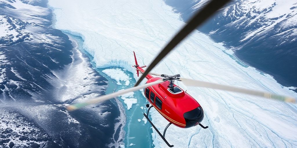 A red helicopter flies above a vast, snowy Alaskan glacier.