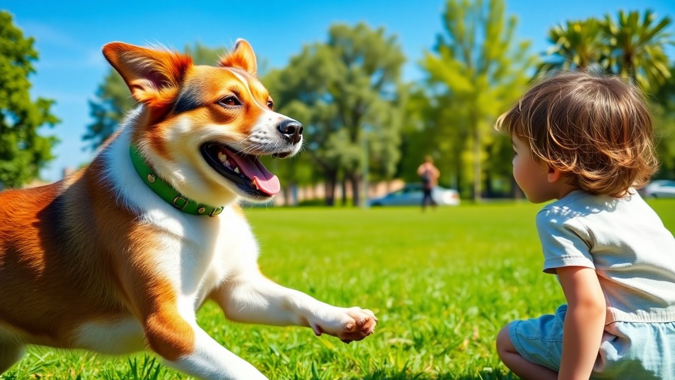 Cachorro brincando com criança em parque ensolarado.