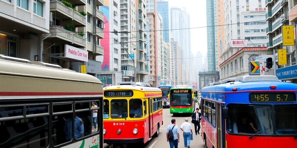 Hong Kong's public transport with trams and busy streets.