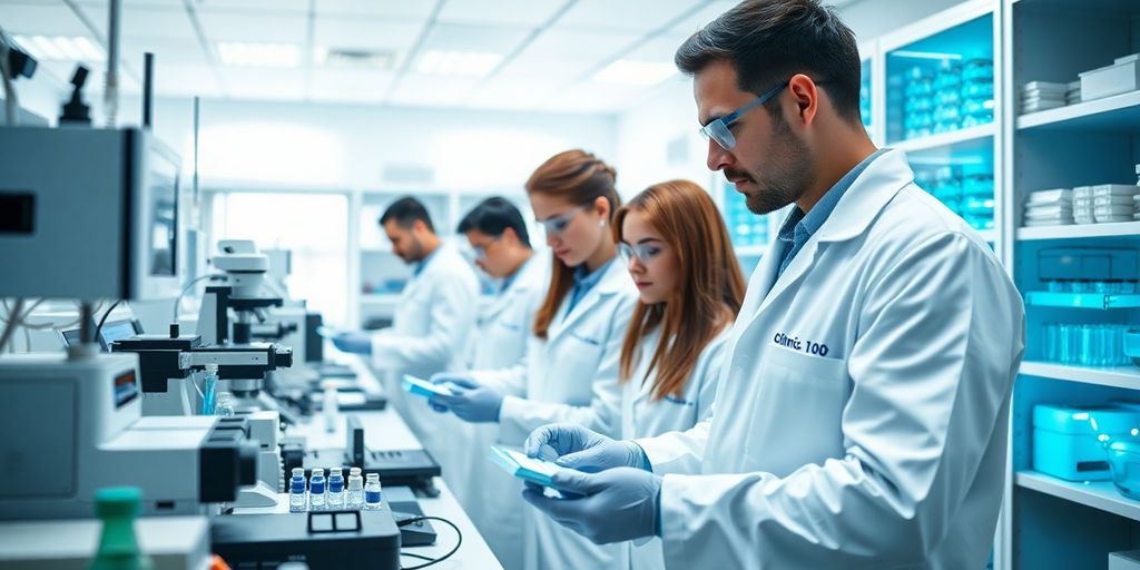 Scientists conducting clinical trials in a modern laboratory.