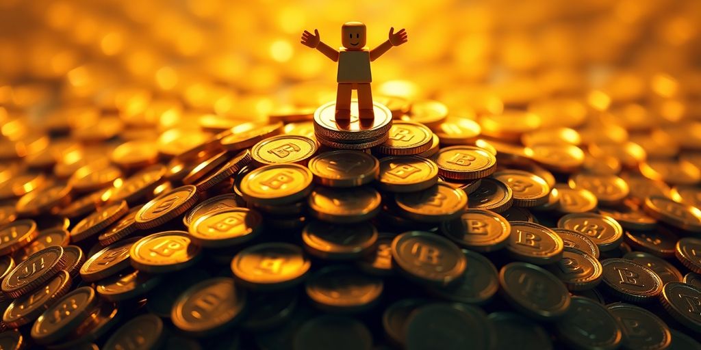 Pile of shining golden coins and a single Roblox character.
