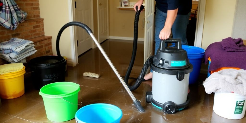 Homeowner vacuuming water in a flooded basement.