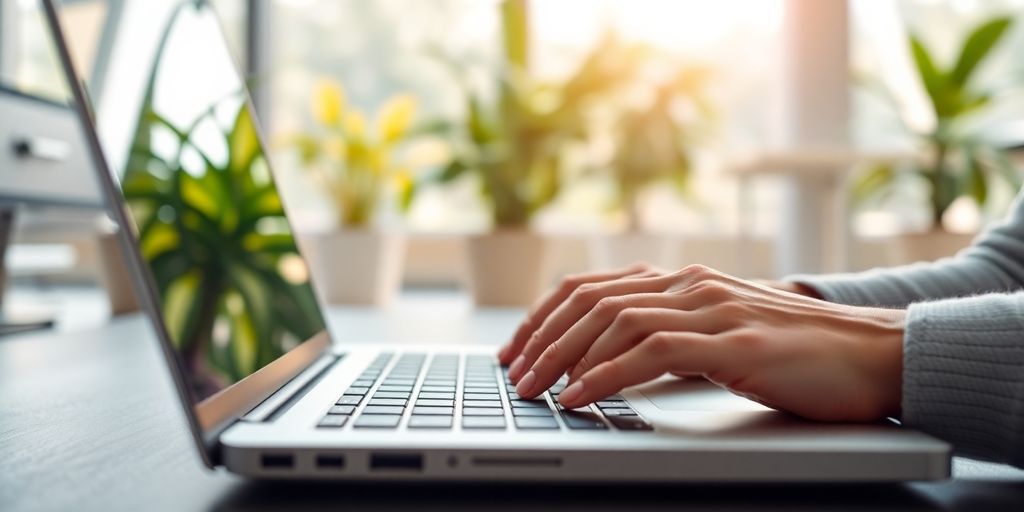 Person using laptop, vibrant office setting.