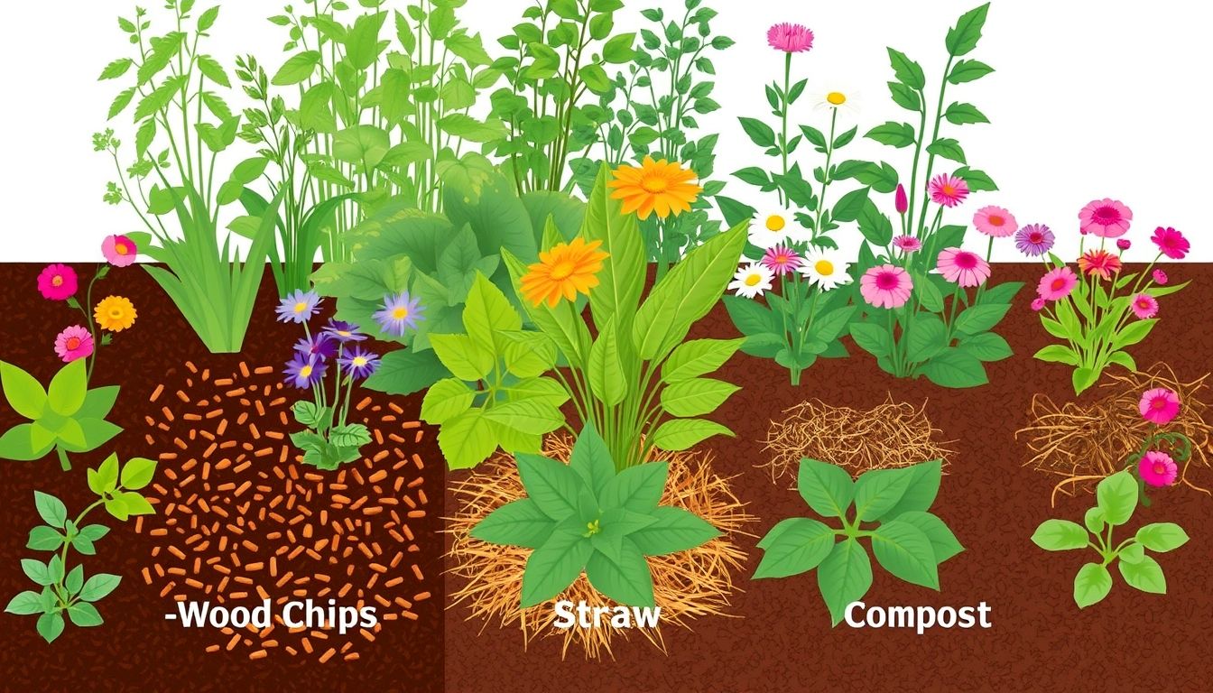 Illustrative garden with plants and various types of mulch.