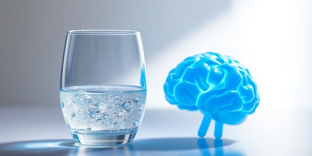 Sparkling water glass, brain, subtle blue glow.