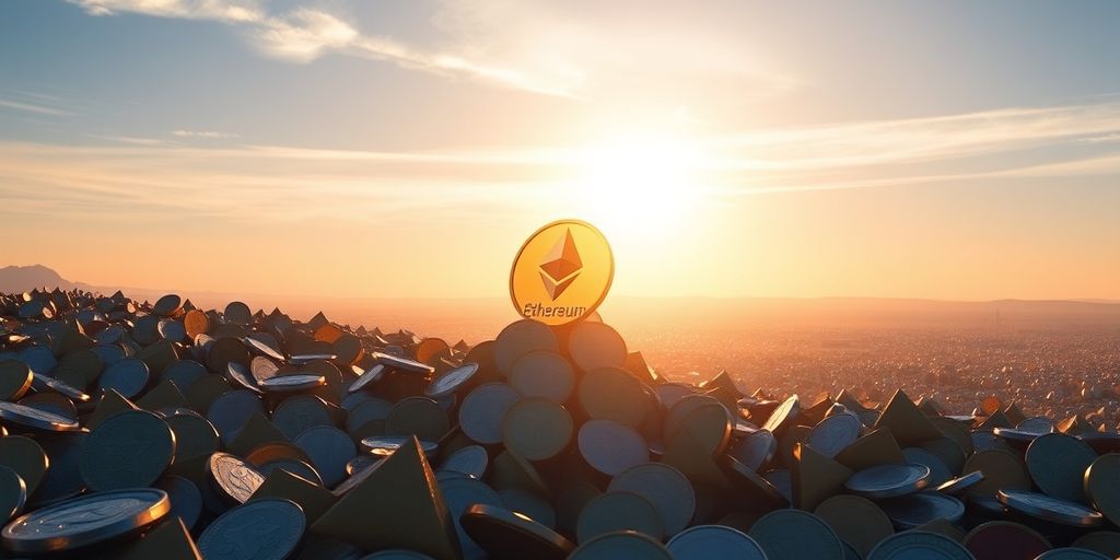 Ethereum coin rising sharply above a sea of smaller crypto coins.