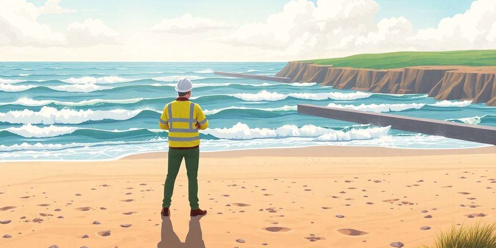 Engineer by beach, surveying coastal defenses.