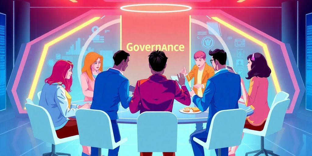 Diverse group collaborating on digital governance solutions.