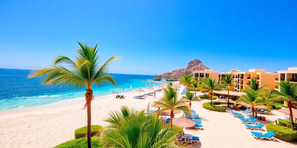 Scenic view of Cabo resorts by the beach.