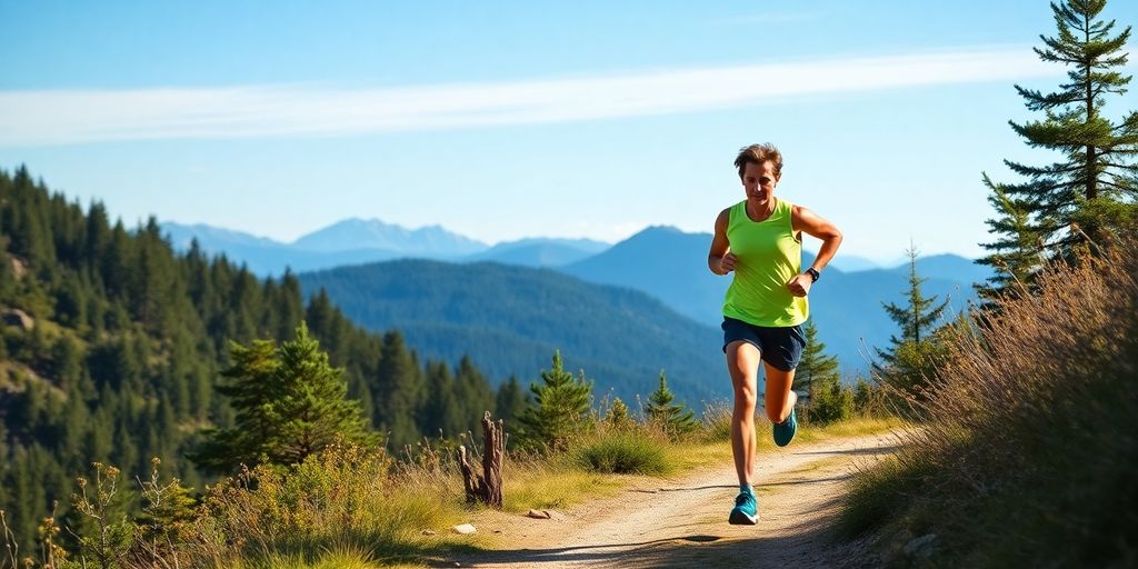 Runner training on a trail in a scenic landscape.