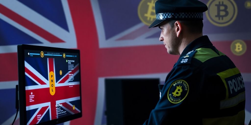 Law enforcement officer with digital assets and UK flag.