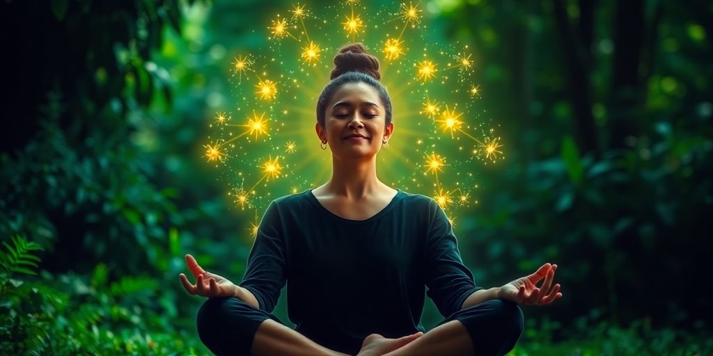 Meditating person surrounded by glowing energy and greenery.
