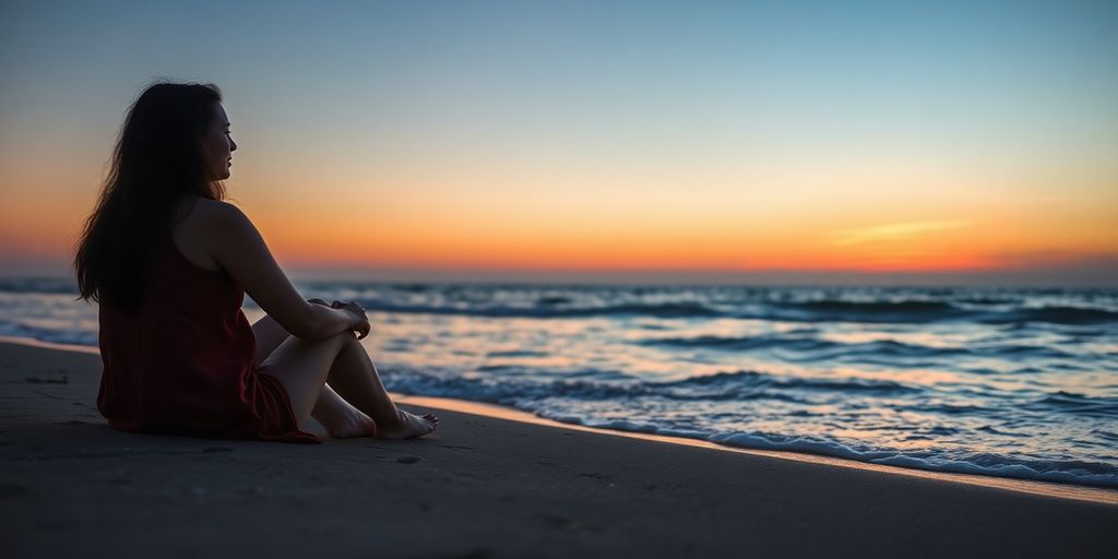 Person meditating on a beach during a sunset.