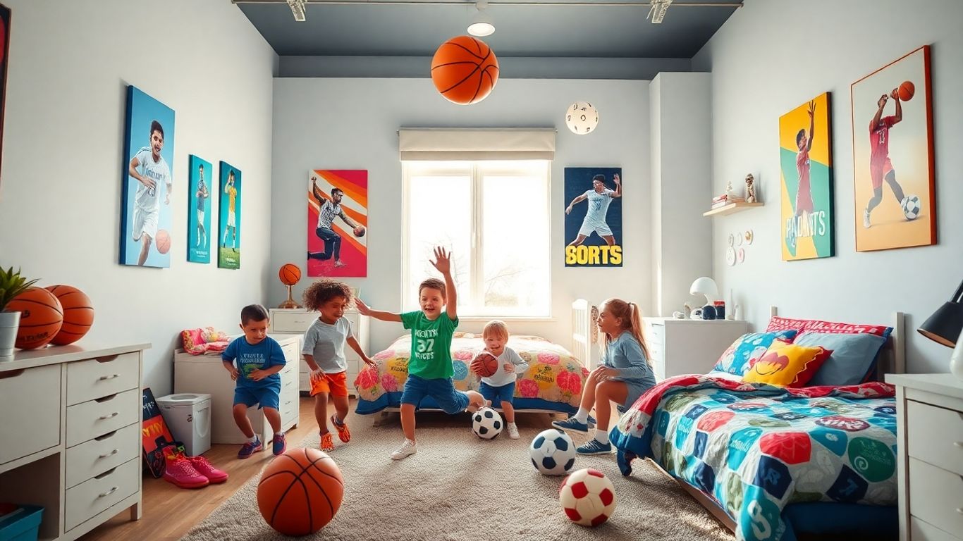 Children play in a sports-themed and colorful bedroom