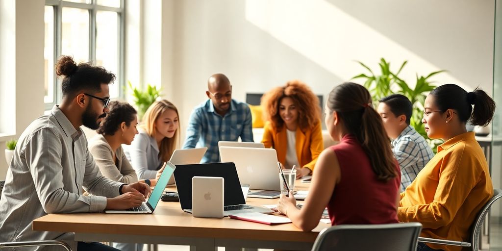 Team collaboration in a bright, modern office space.