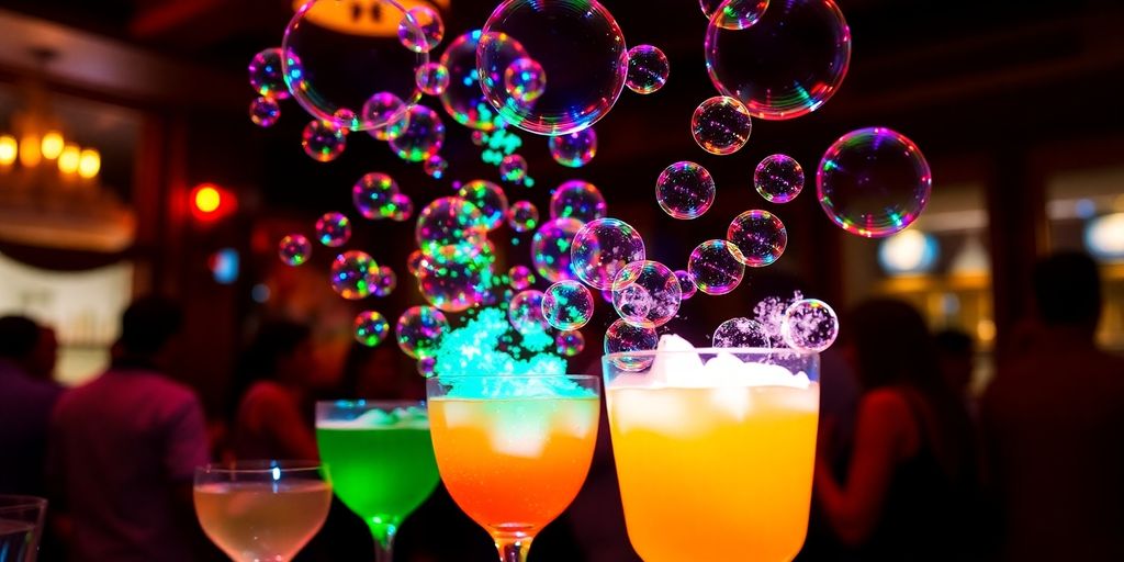 Colorful Blaster Bubbles above cocktails in a bar setting.