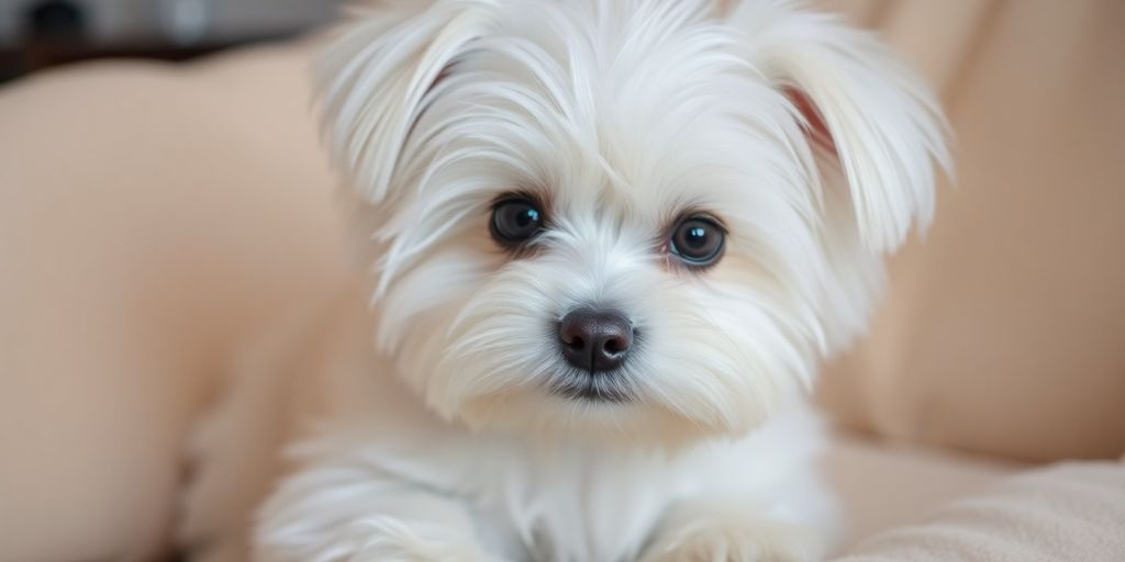 Fluffy white Maltese dog on cushion.
