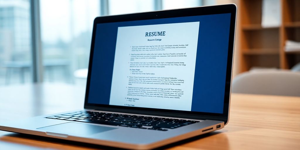 Laptop screen with resume on desk.