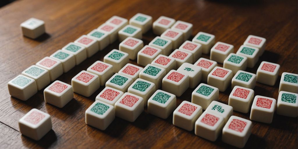 Various Mahjong tiles displayed on a wooden surface.