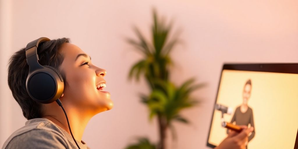 Singer practicing online with a virtual coach.