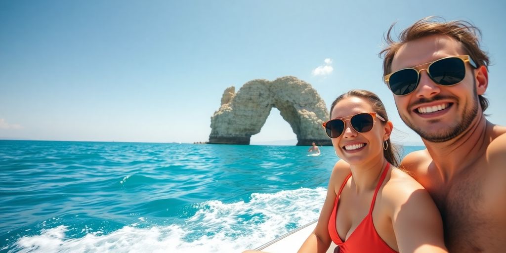 Couple on boat in Cabo, Arch background