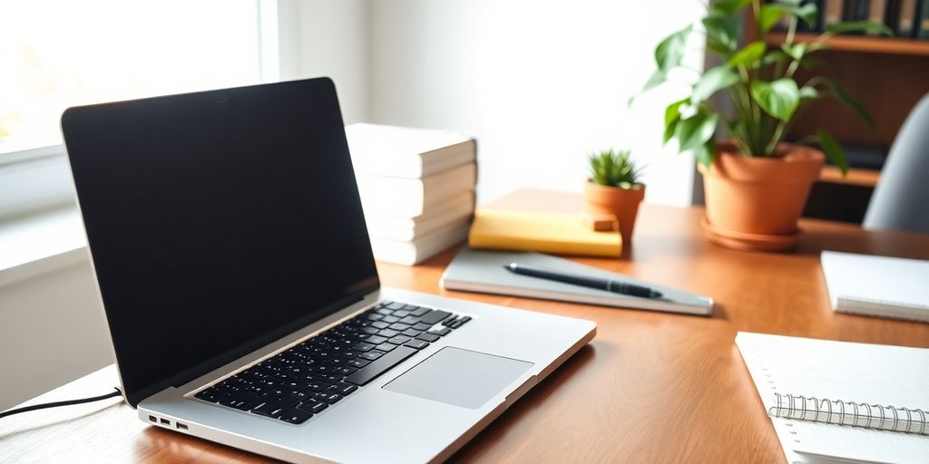 Cozy blogging workspace with laptop and notebooks.