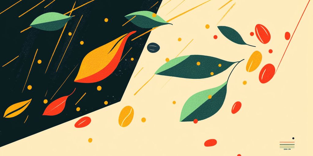 Abstract design with colorful leaves and dots on a light background.