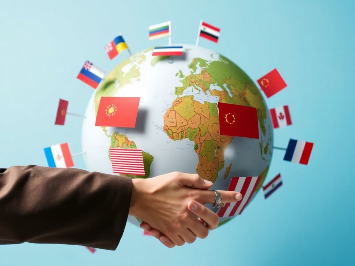 Hărți globale, steaguri, strângeri de mână diplomatice.