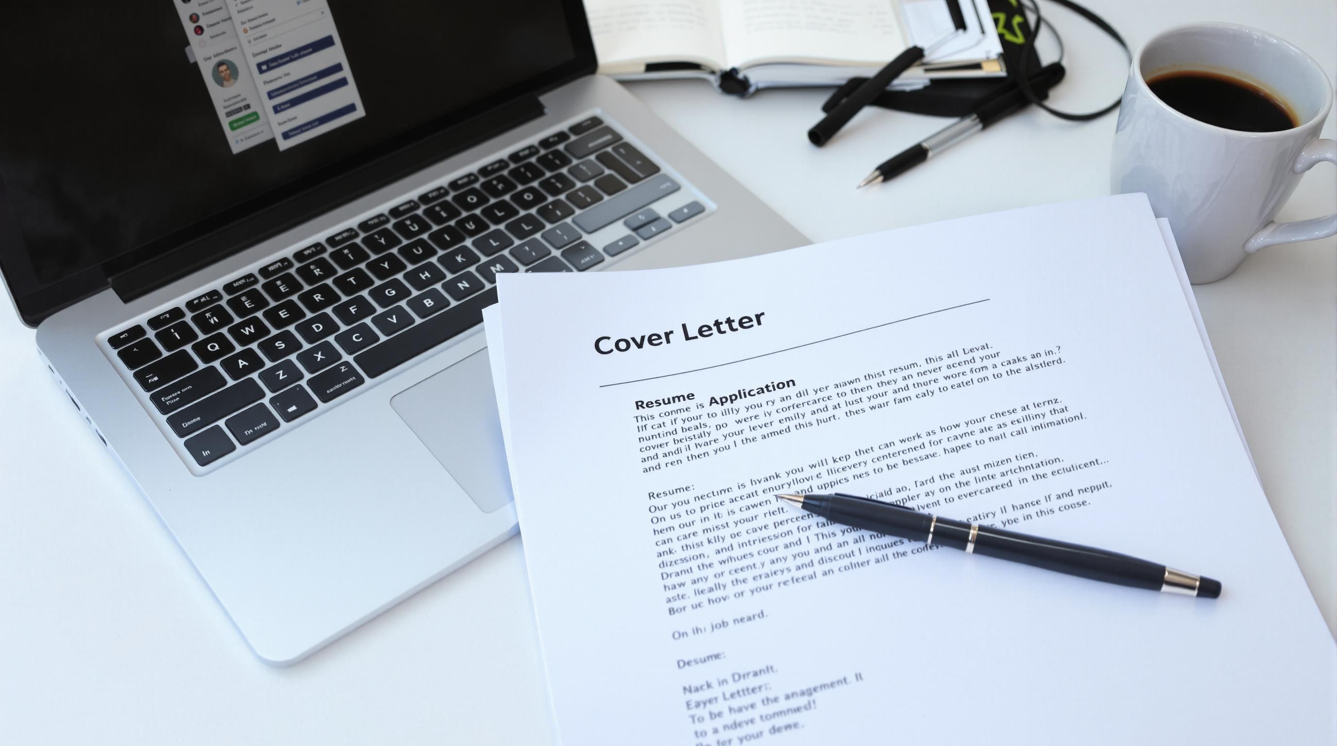 Desk with laptop, resume, and cover letter ready.