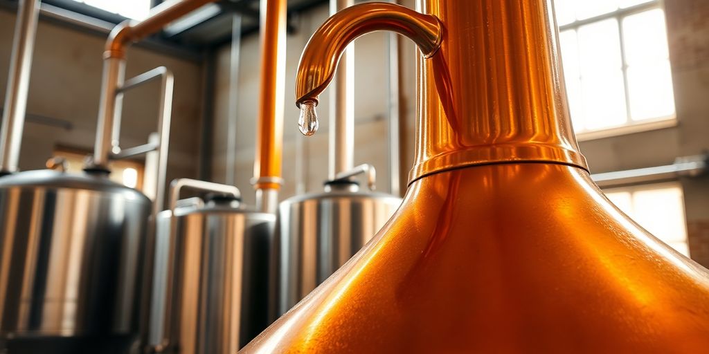 Copper stills sparkling in a distillery.