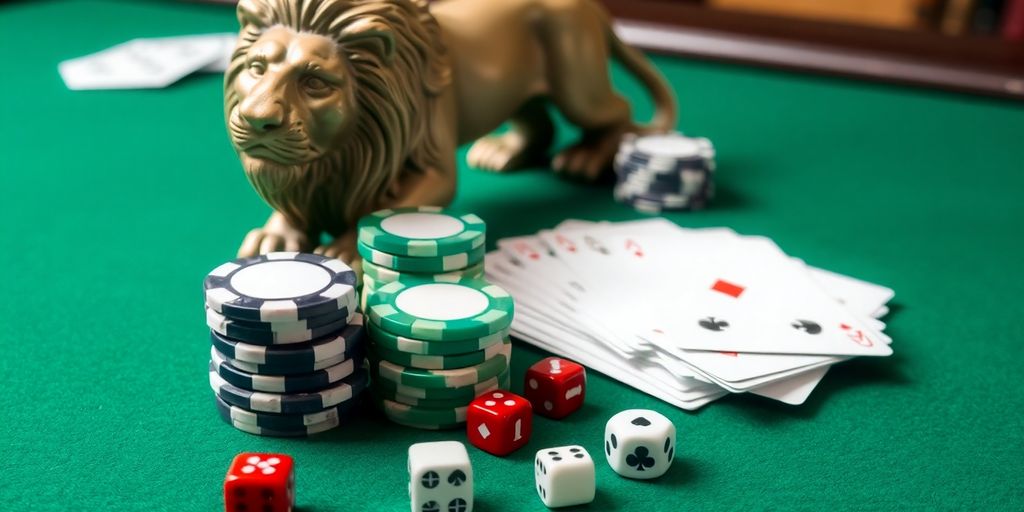 Lion statue, poker chips, playing cards, dice