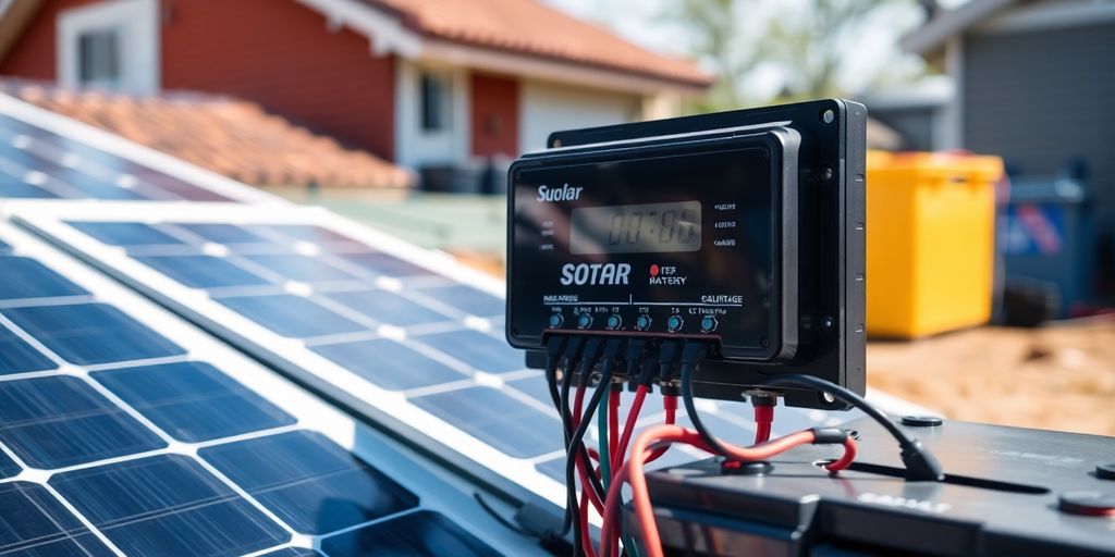 Charge controller with wires and solar panels.
