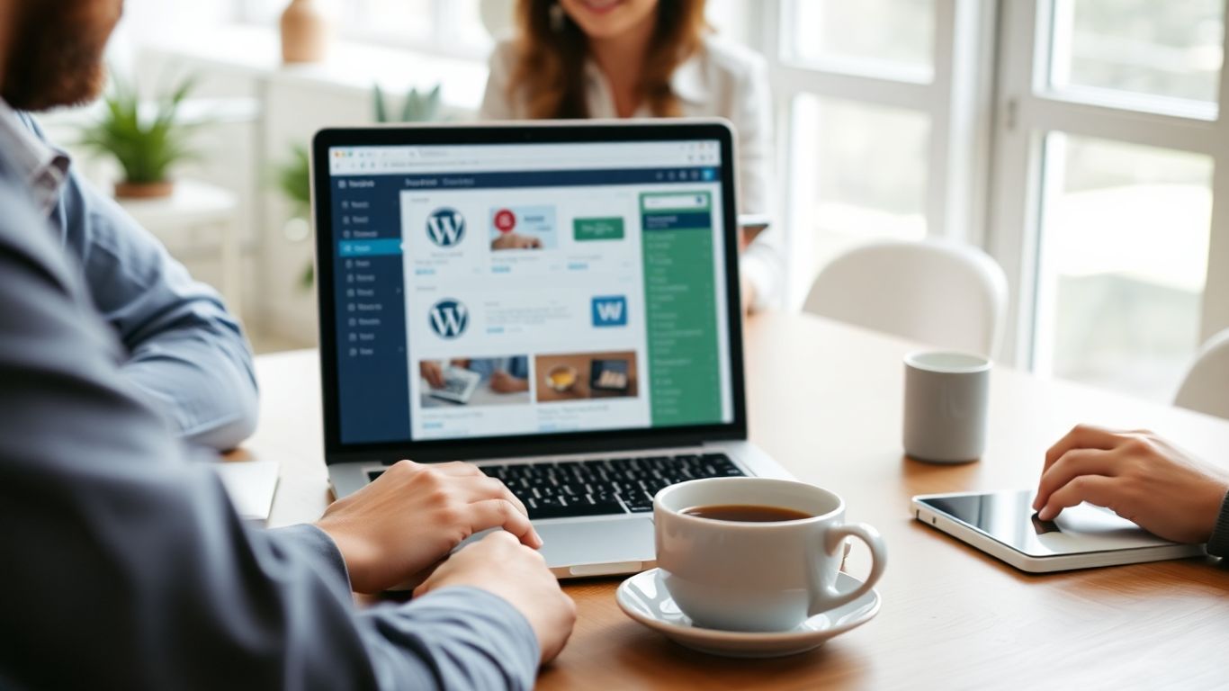 People collaborating at a laptop with the WordPress dashboard.
