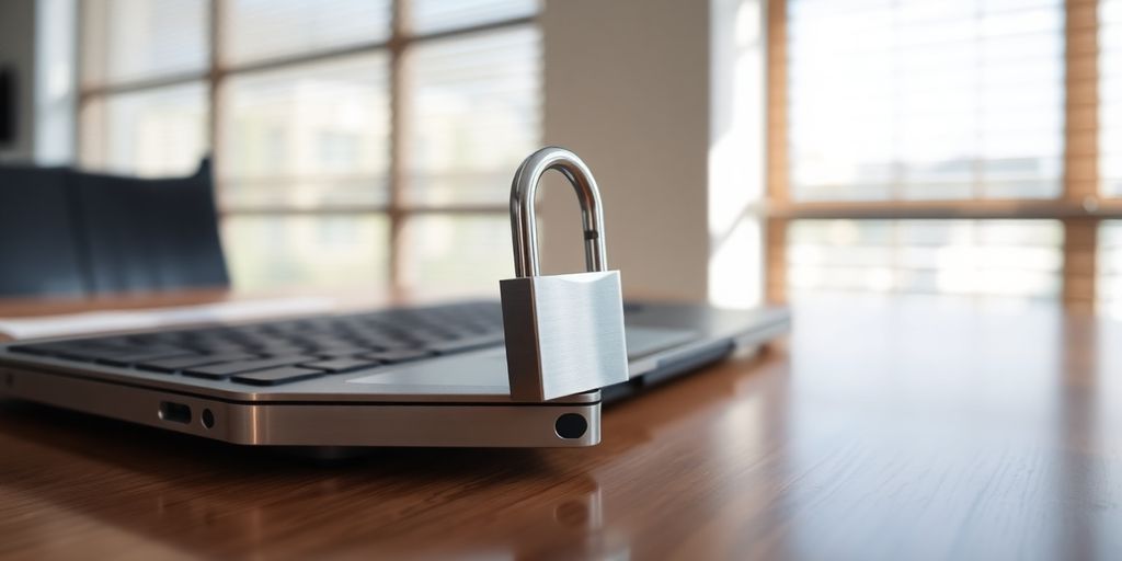Silver padlock locked on modern laptop hinge on wooden desk.