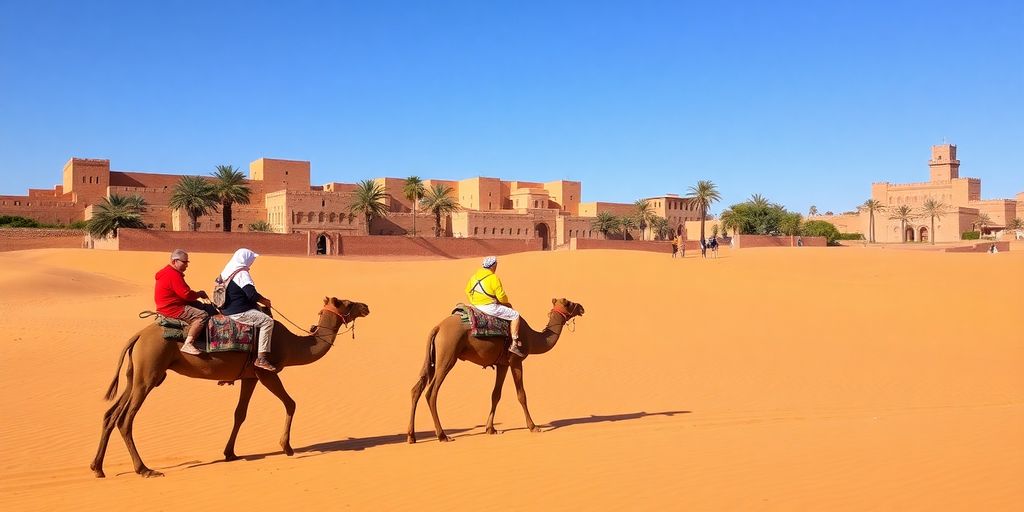 Camel caravan in the Marrakech desert with tourists.