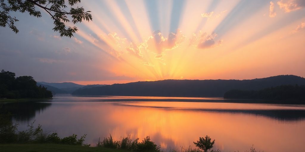 Tranquil lake at sunset with lush surrounding landscape.