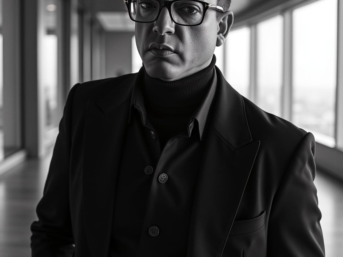 A stylish person in a dark suit, standing indoors.