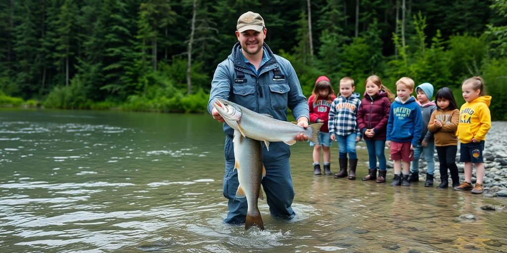 An Alaskan ranger shows a large salmon to schoolchildren outdoors.