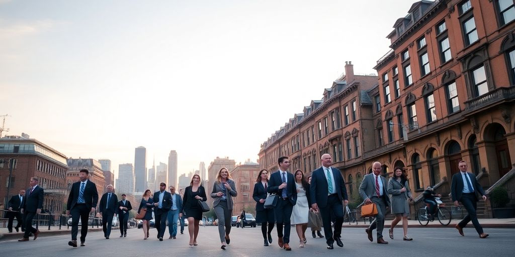Diverse group of professionals walking in Philadelphia street with skyline