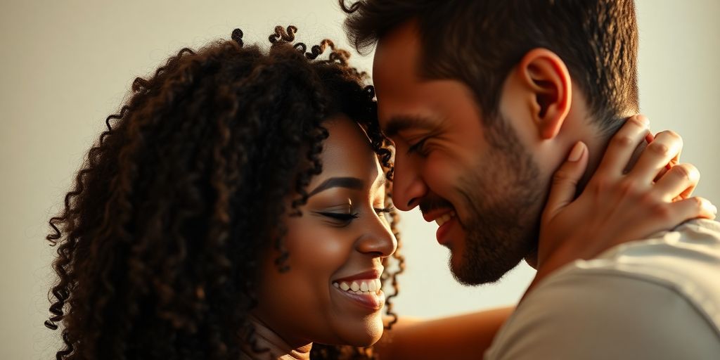 Couple embracing, soft lighting