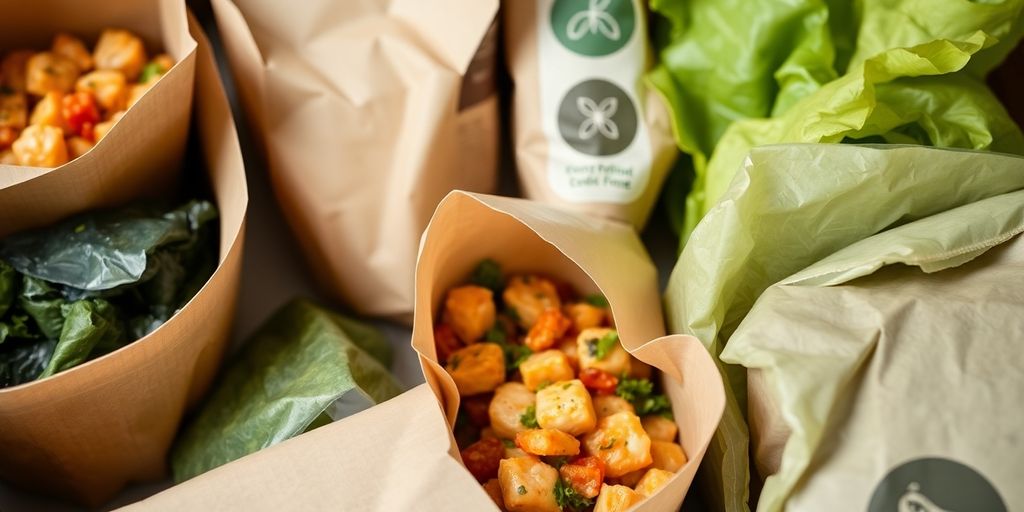 Eco packaging in ghost kitchen with steaming food.