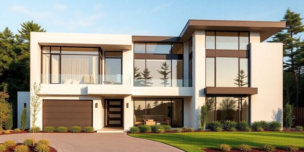 Modern house exterior with clean lines and large windows.