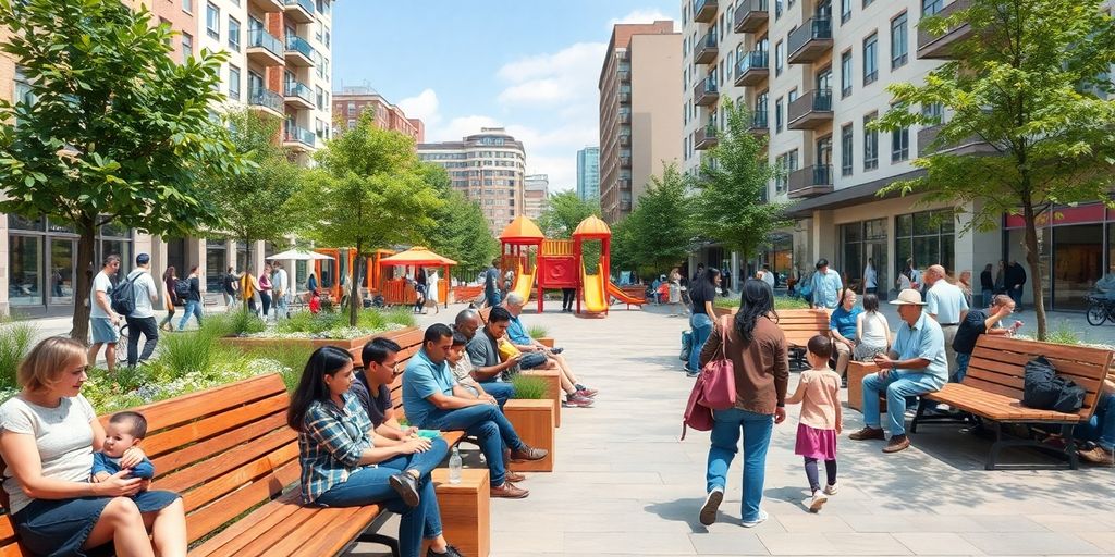 Spazio pubblico inclusivo con persone di diverse età.
