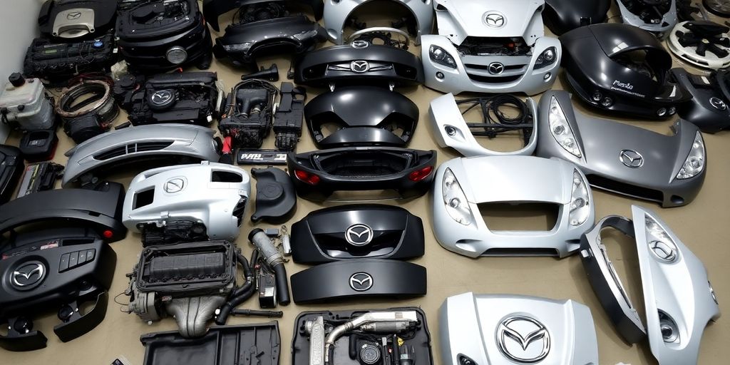 Mazda car parts neatly arranged.