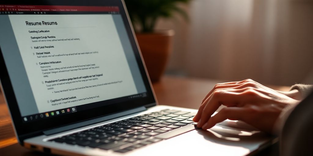 A person crafting a professional CV on a laptop.