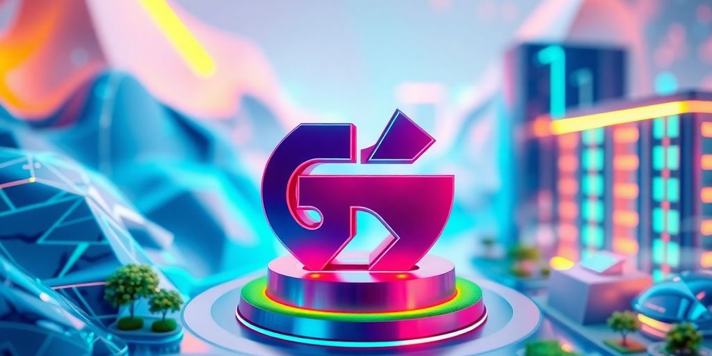 Futuristic 3D logo in a virtual real estate environment.