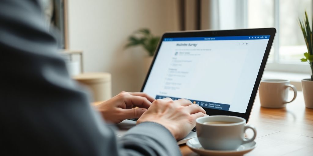 Person taking online surveys on a laptop at home.