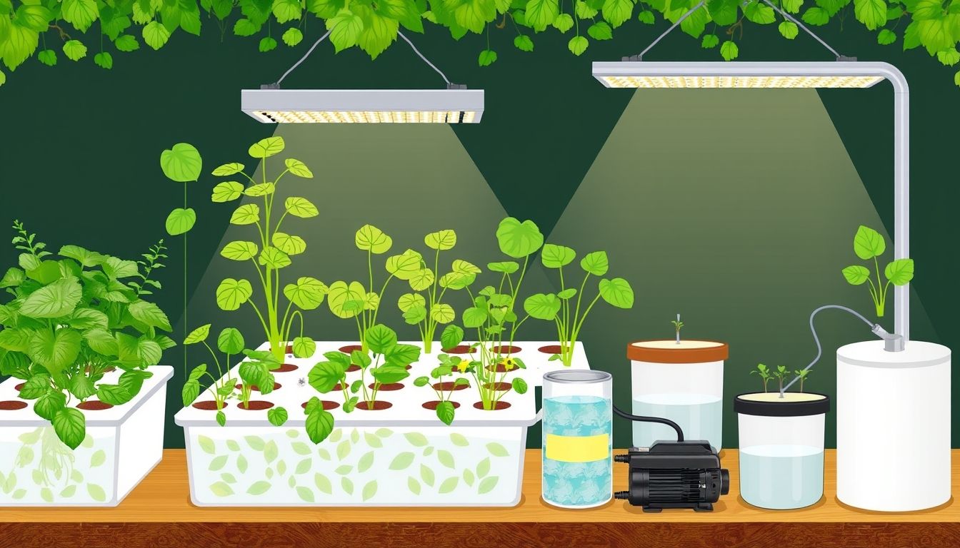 Illustrative hydroponic garden setup with essential supplies.
